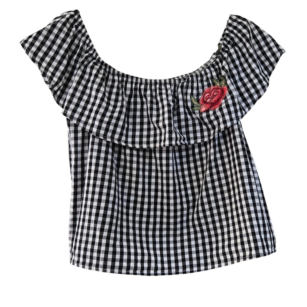 Ambiance Gingham Off The Shoulder Ruffle Top Black White Rose Embroidery Large